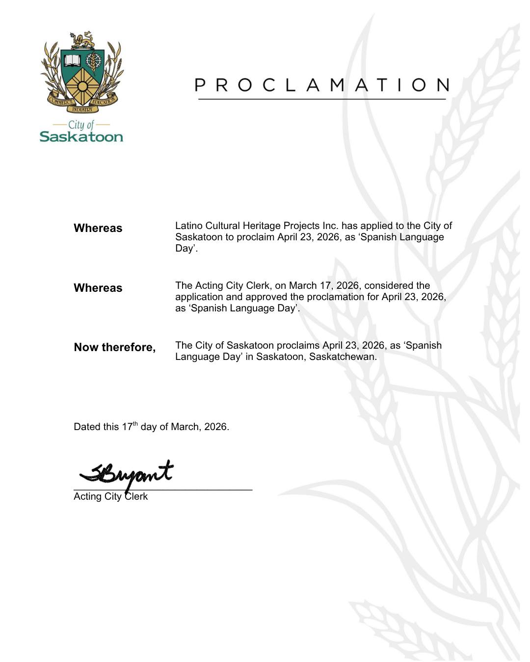 Saskatoon Spanish Language Day Proclamation